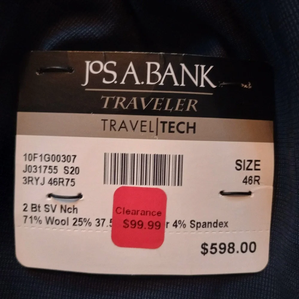Jos A Bank Travel‎ Tech Blazer Jacket 46R Navy Blue Wool Blend Slim Fit Stretch